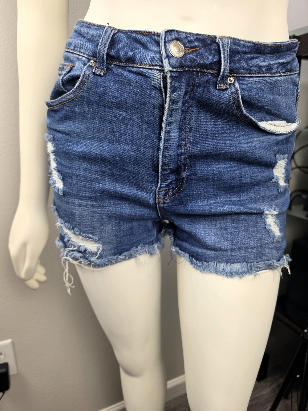 Wax Jean Distressed Dark Blue Denim Shorts
